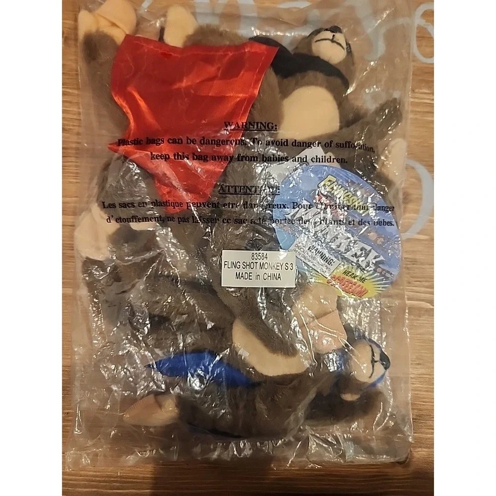 NEW Set Of 3 Flingshot Flying‎ Monkey Plush 2006 Red, Blue & Black Sealed